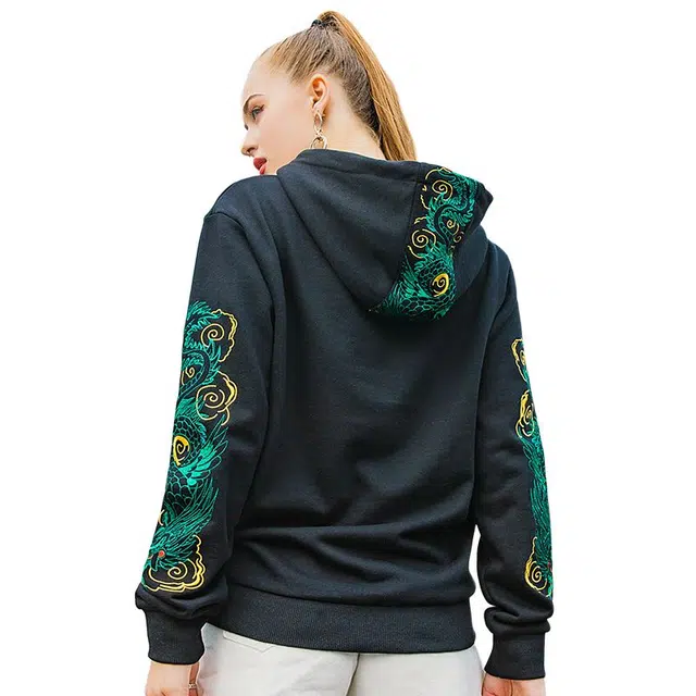 大白鲨 品牌新中式中国风龙纹刺绣国潮宽松休闲连帽卫衣 男款 黑色