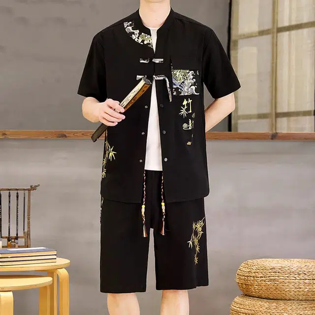 大白鲨 轻奢中国风新中式短袖短裤男士夏季薄款冰丝宽松唐装汉服休闲运动套装 男女同款