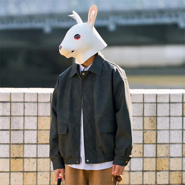 兔先森 美式复古做旧机车服宽松纯色皮衣 男女同款