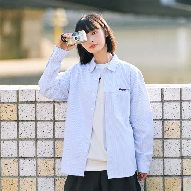 兔先森 纯棉条纹字母刺绣外套夹克长袖衬衫 男女同款