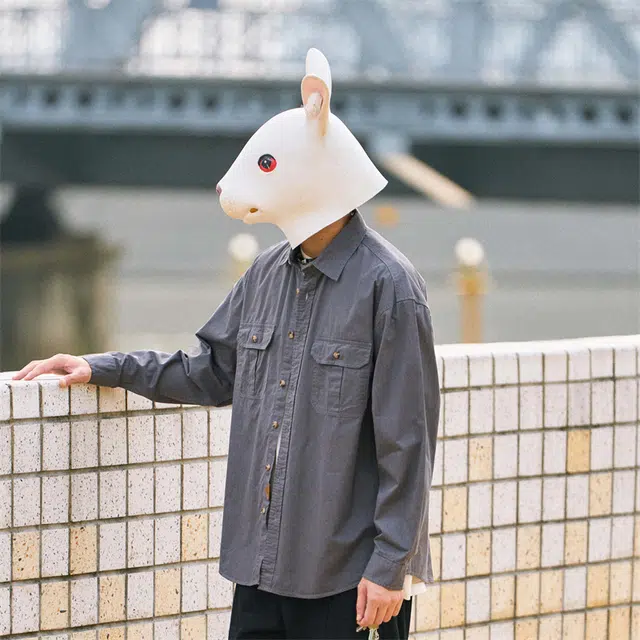 兔先森 纯棉美式复古纯色水洗后背褶皱时尚潮牌宽松长袖衬衫 男女同款