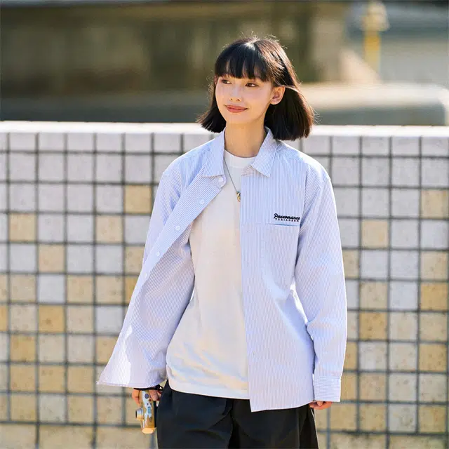 兔先森 纯棉条纹字母刺绣外套夹克长袖衬衫 男女同款