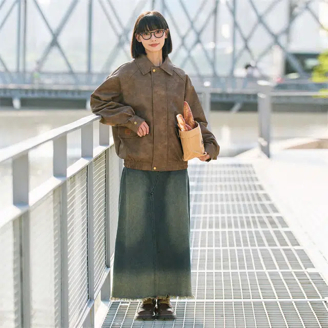 兔先森 美式复古做旧机车服宽松纯色皮衣 男女同款