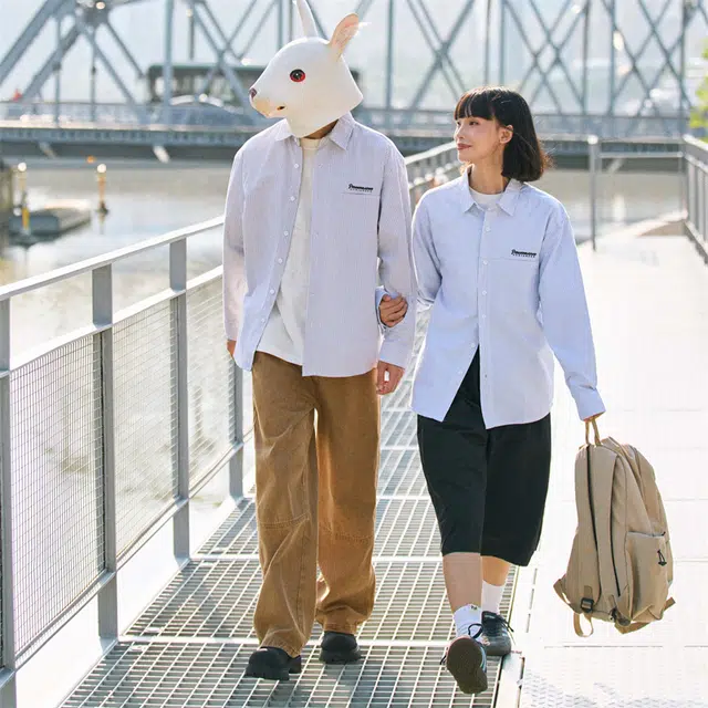 兔先森 纯棉条纹字母刺绣外套夹克长袖衬衫 男女同款