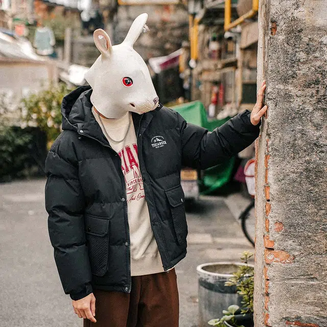 兔先森 山系户外防泼水大口袋工装风字母印花时尚百搭简约派克服加厚保暖面包服连帽棉服 男女同款