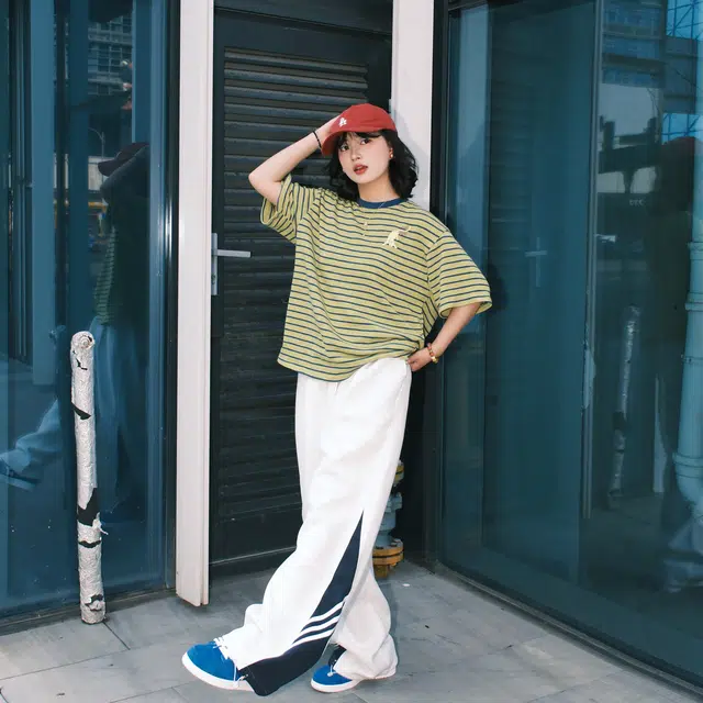 兔先森 重磅美式复古高街时尚百搭条纹拼接撞色运动风柔软亲肤垂感宽松直筒休闲裤 男女同款