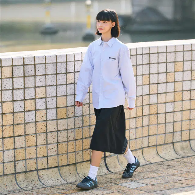 兔先森 纯棉条纹字母刺绣外套夹克长袖衬衫 男女同款