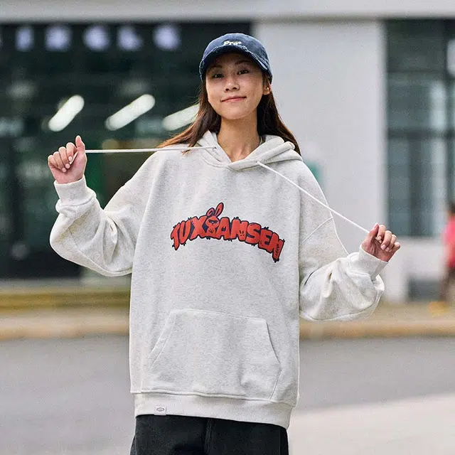 兔先森 无性别主义美式复古卡通字母发泡印花奥粒绒长袖上衣情侣款连帽卫衣 男女同款