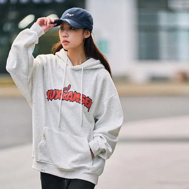兔先森 无性别主义美式复古卡通字母发泡印花奥粒绒长袖上衣情侣款连帽卫衣 男女同款