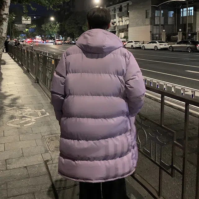 雅鹿优选 日系慵懒风纯色简约拉链设计宽松落肩连帽厚款条纹中长款棉服 男女同款