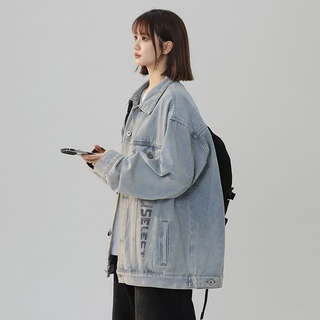 雅鹿优选 美式水洗做旧字母涂鸦宽松休闲牛仔夹克外套 男女同款 复古蓝