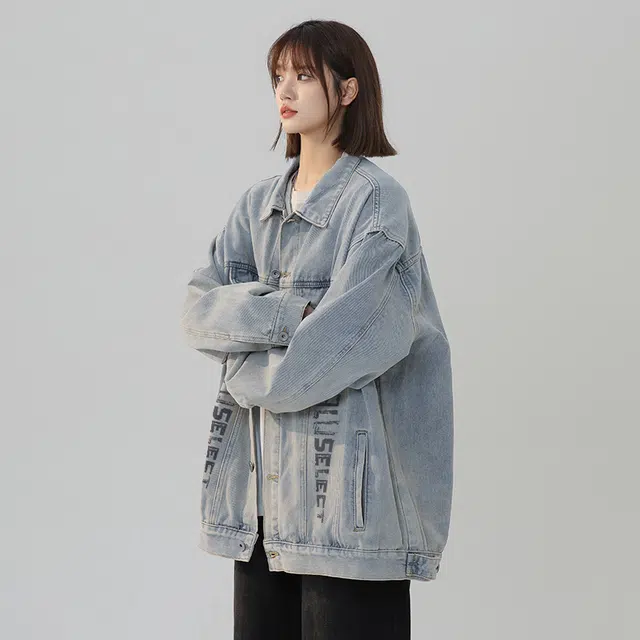 雅鹿优选 美式水洗做旧字母涂鸦宽松休闲牛仔夹克外套 男女同款 复古蓝