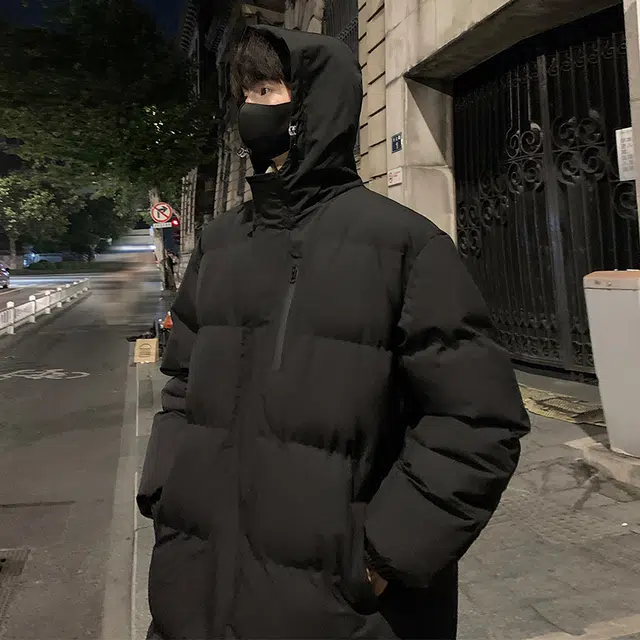 雅鹿优选 日系慵懒风纯色简约拉链设计宽松落肩连帽厚款条纹中长款棉服 男女同款