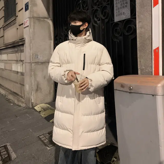 雅鹿优选 日系慵懒风纯色简约拉链设计宽松落肩连帽厚款条纹中长款棉服 男女同款