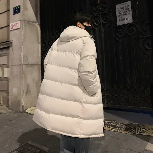 雅鹿优选 日系慵懒风纯色简约拉链设计宽松落肩连帽厚款条纹中长款棉服 男女同款