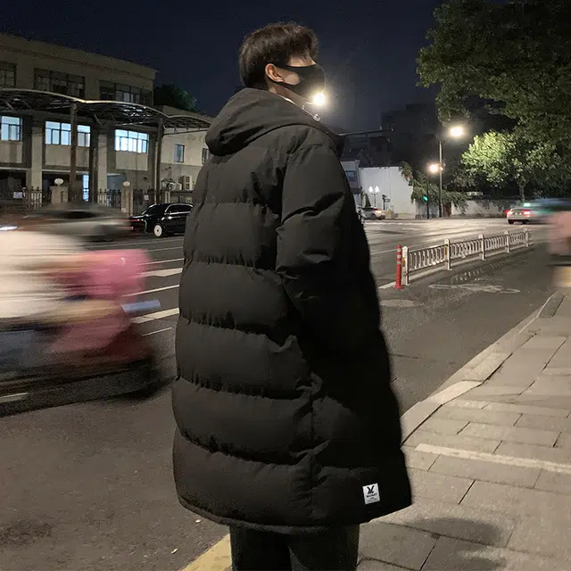 雅鹿优选 日系慵懒风纯色简约拉链设计宽松落肩连帽厚款条纹中长款棉服 男女同款
