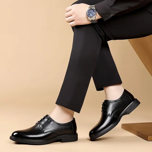 依米奴 头层牛皮 高颜值 时尚潮流舒适 低调百搭 日常通勤简约帅气 正装皮鞋 男款 黑色