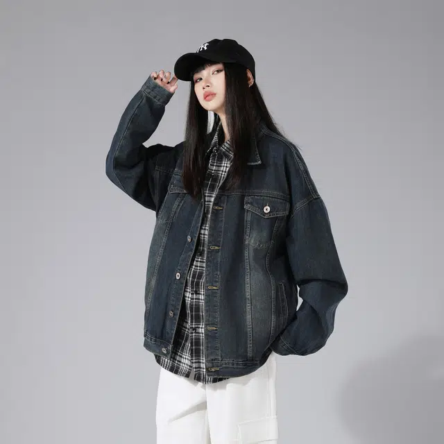 雅鹿优选 复古做旧水洗磨白翻领宽松牛仔夹克外套 男女同款