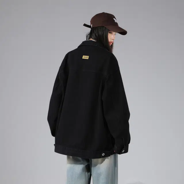 雅鹿优选 复古水洗做旧纯色排扣翻领宽松牛仔夹克外套 男女同款