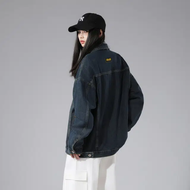 雅鹿优选 复古做旧水洗磨白翻领宽松牛仔夹克外套 男女同款