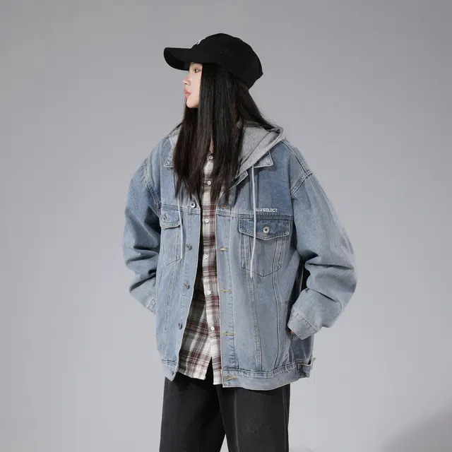 雅鹿优选 纯色复古水洗做旧金属立体字母印花宽松牛仔夹克外套 男女同款