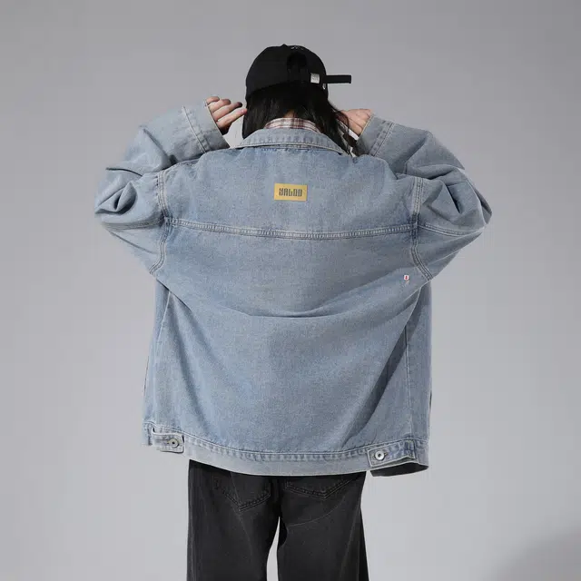雅鹿优选 复古水洗做旧纯色排扣翻领宽松牛仔夹克外套 男女同款