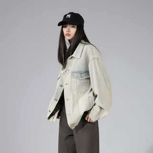 雅鹿优选 复古做旧水洗磨白翻领宽松牛仔夹克外套 男女同款