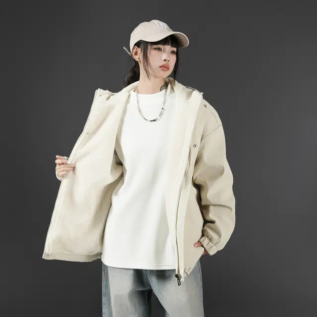 雅鹿优选 美式复古字母印花防风门襟保暖加厚羊羔绒休闲百搭连帽夹克外套 男女同款