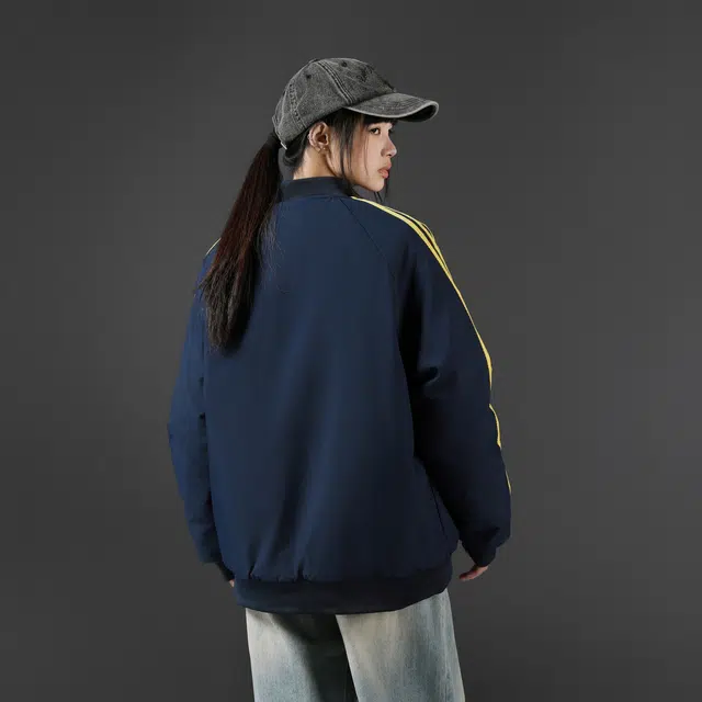 雅鹿优选 美式复古字母印花条纹拼接撞色棒球领休闲运动加厚防风保暖夹克外套 男女同款