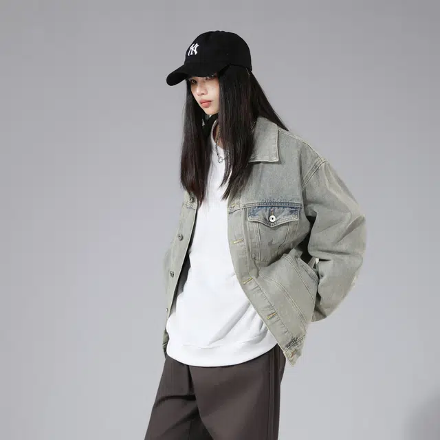 雅鹿优选 复古水洗做旧纯色排扣翻领宽松牛仔夹克外套 男女同款