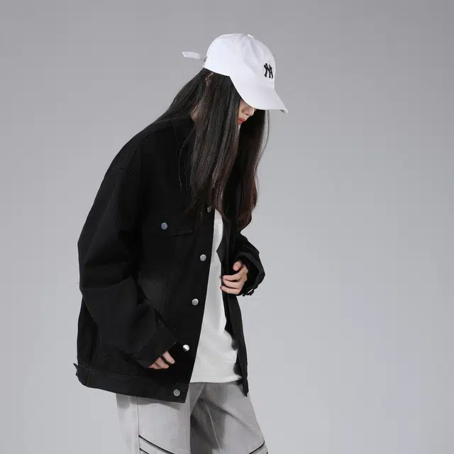雅鹿优选 复古做旧水洗磨白翻领宽松牛仔夹克外套 男女同款
