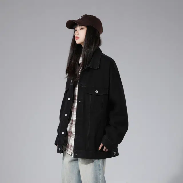 雅鹿优选 复古水洗做旧纯色排扣翻领宽松牛仔夹克外套 男女同款