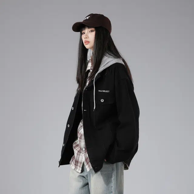雅鹿优选 纯色复古水洗做旧金属立体字母印花宽松牛仔夹克外套 男女同款