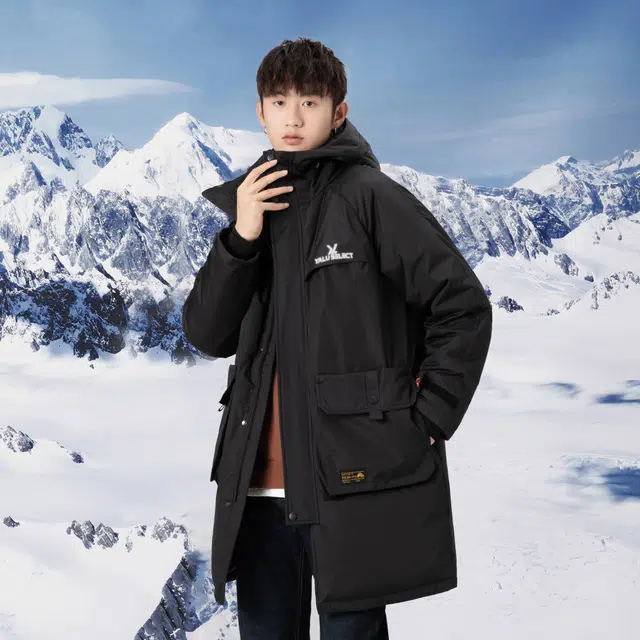 雅鹿优选 纯色户外工装雪山服大口袋加长加厚保暖反光标山系连帽中长款防寒羽绒服 男女同款