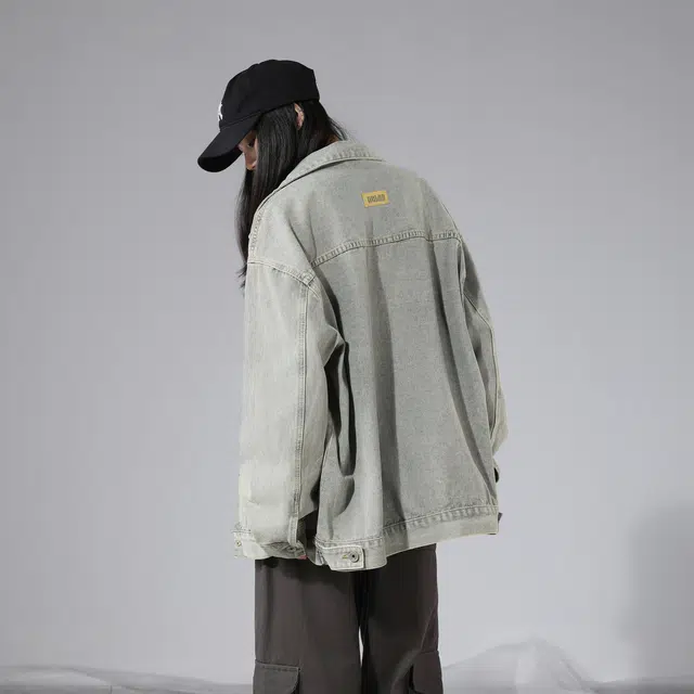 雅鹿优选 复古水洗做旧纯色排扣翻领宽松牛仔夹克外套 男女同款