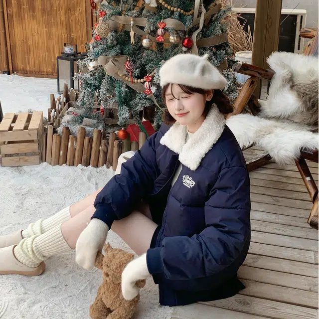 困住大象 美式复古翻领短款宽松保暖加厚毛领休闲外套通勤学院风棉服 女款