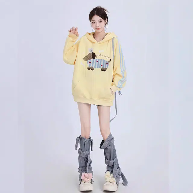 花蔓色 美式多巴胺可爱腊肠狗印花连帽通勤休闲甜酷宽松百搭时尚设计感舒适加绒条纹卫衣 女款
