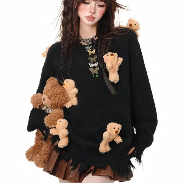 识恩 慵懒美式复古小熊玩偶风宽松套头长袖针织衫 女款