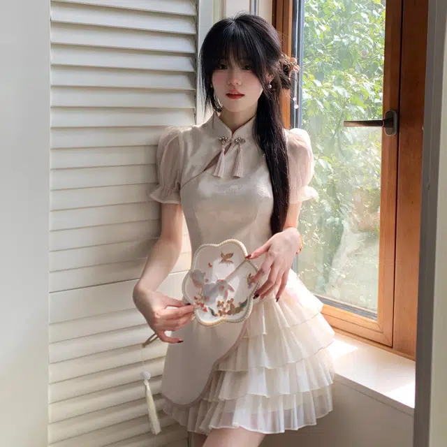 大码新中式提花网纱蛋糕短旗袍尽显温柔高级感短袖连衣裙 女款 白色
