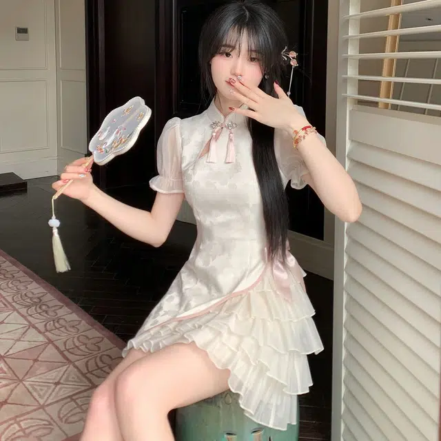 大码新中式提花网纱蛋糕短旗袍尽显温柔高级感短袖连衣裙 女款 白色