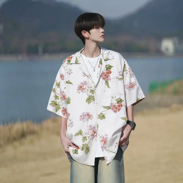玉儿恋 美式复古植物花卉宽松冰丝凉感夏威夷短袖时尚百搭衬衫 男女同款