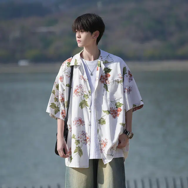 玉儿恋 美式复古植物花卉宽松冰丝凉感夏威夷短袖时尚百搭衬衫 男女同款