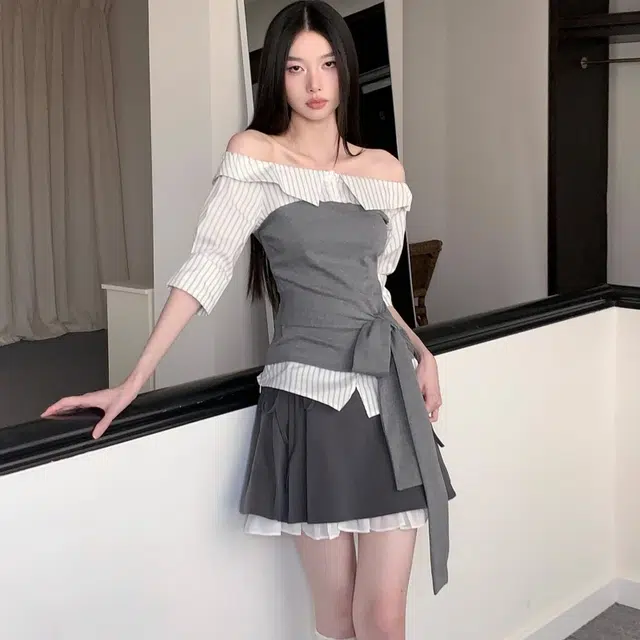 费尔岛上的猫 学院风拼接绑带设计感上衣半身裙组合裙装套装 女款