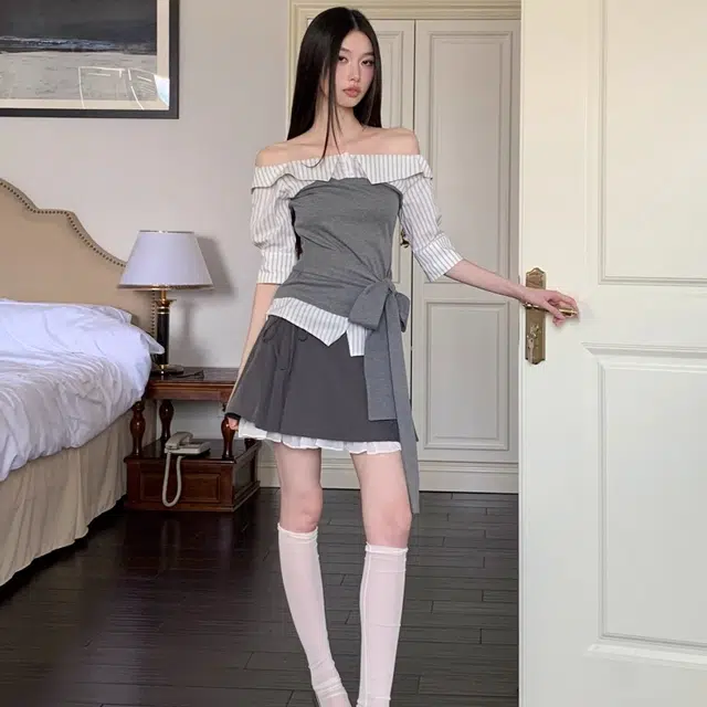 费尔岛上的猫 学院风拼接绑带设计感上衣半身裙组合裙装套装 女款