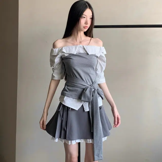 费尔岛上的猫 学院风拼接绑带设计感上衣半身裙组合裙装套装 女款