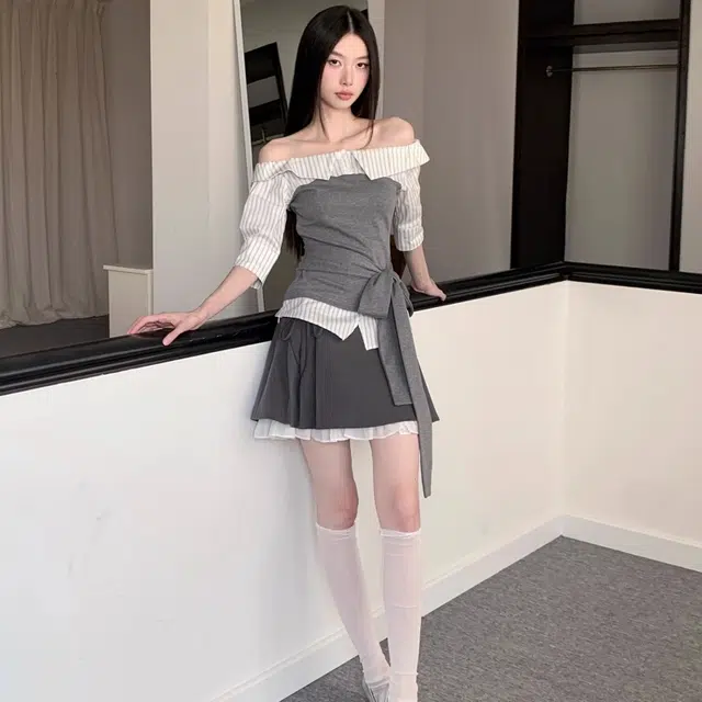 费尔岛上的猫 学院风拼接绑带设计感上衣半身裙组合裙装套装 女款