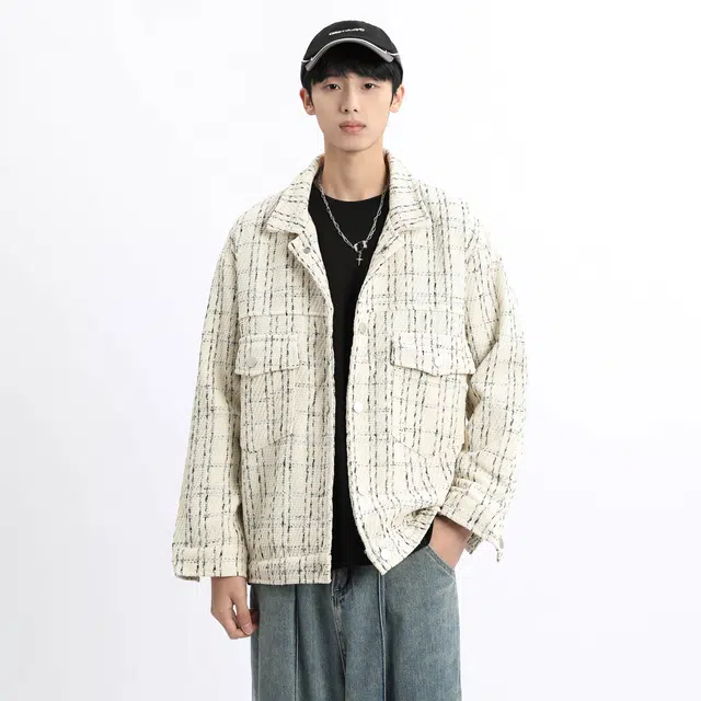哲源 美式复古小香风格子外套男款春秋设计感大口袋单排扣休闲上衣潮牌日常通勤百搭宽松痞帅高级感修身显瘦翻领工装夹克 男女同款