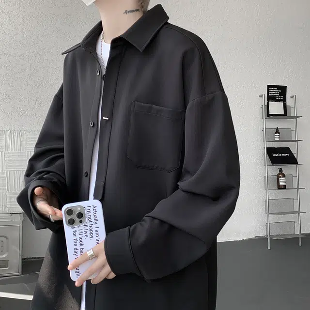 哲源 美式复古解构拼接简约基础款春秋外套潮牌百搭宽松舒适免烫叠穿日常通勤垂感慵懒长袖上衣衬衫 男女同款