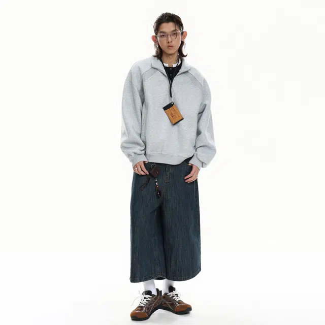 哲源 美式复古半拉链拼接撞色半高领设计感套头衫潮牌高街纯色简约休闲外套宽松舒适日常通勤潮流痞帅长袖卫衣 男女同款