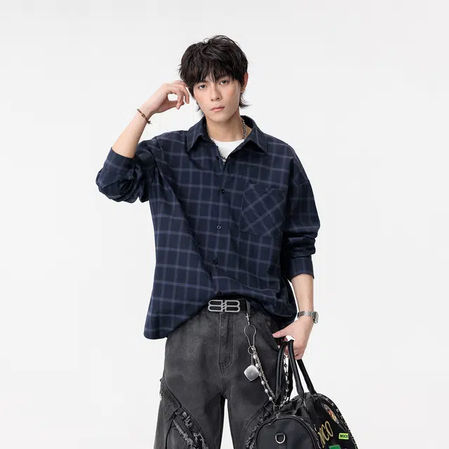 哲源 美式复古学院风格子扎染翻领单排扣百搭宽松舒适休闲长袖衬衫 男女同款